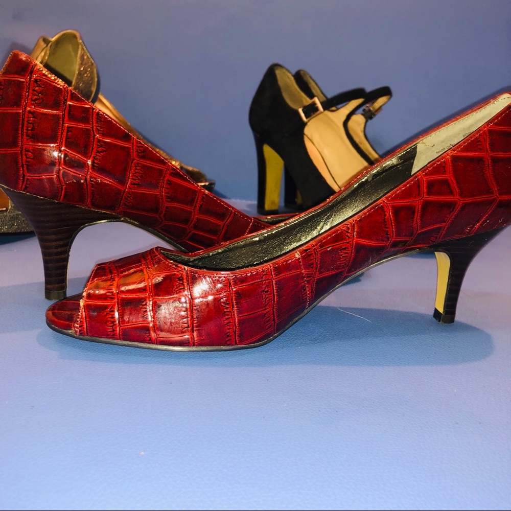 red peep toe low heel faux crocodile pump